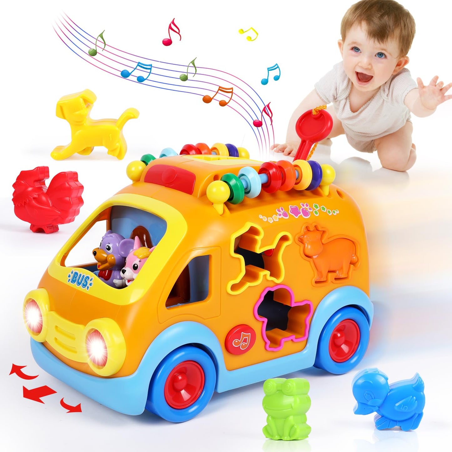 arscniek Toy Cars for Toddlers 2-4 — Musical Learning Bus with Animal Blocks