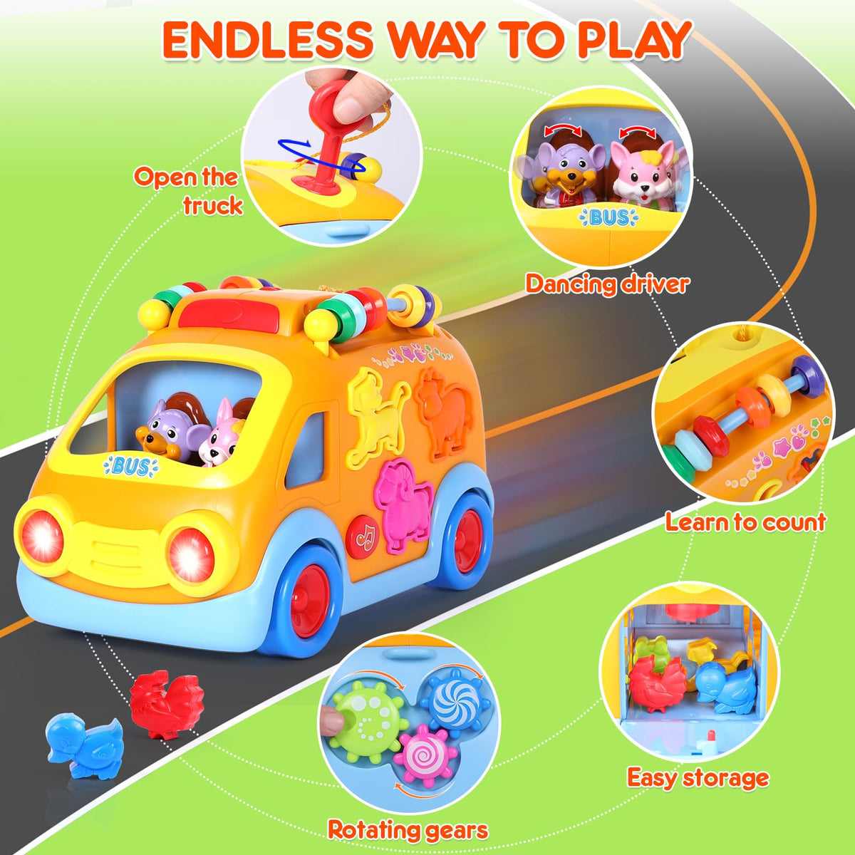 arscniek Toy Cars for Toddlers 2-4 — Musical Learning Bus with Animal Blocks