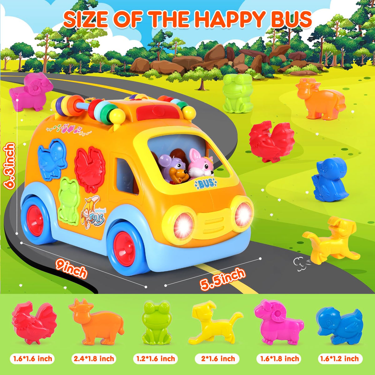 arscniek Toy Cars for Toddlers 2-4 — Musical Learning Bus with Animal Blocks