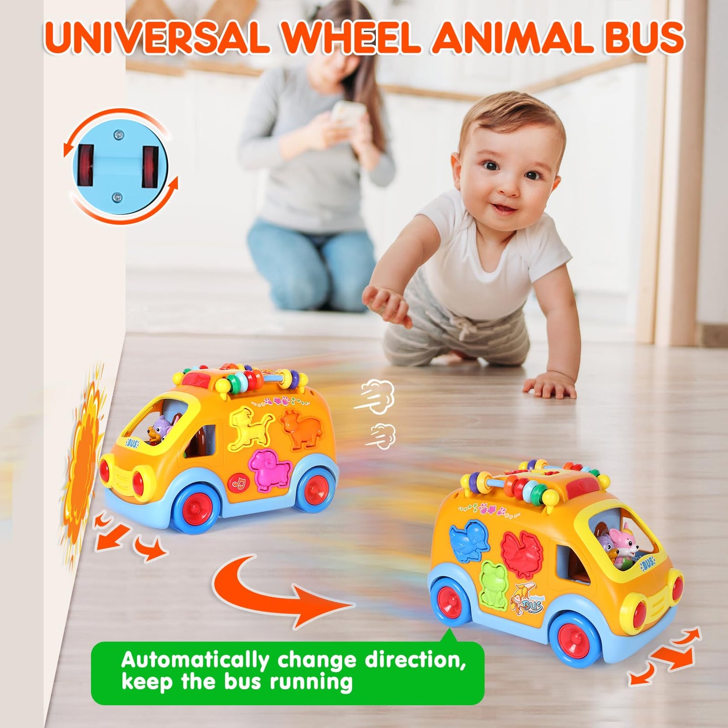 arscniek Toy Cars for Toddlers 2-4 — Musical Learning Bus with Animal Blocks