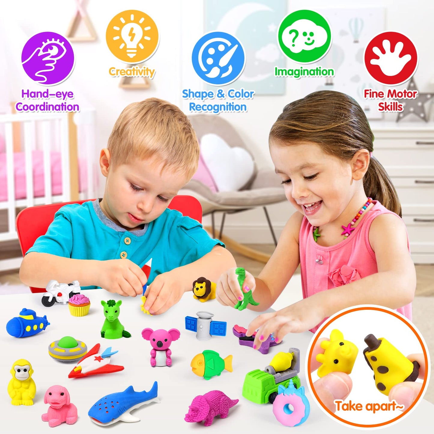 Arscniek 70 Pack Animal Erasers for Kids – 3D Puzzle Desk Pets & Classroom Prizes