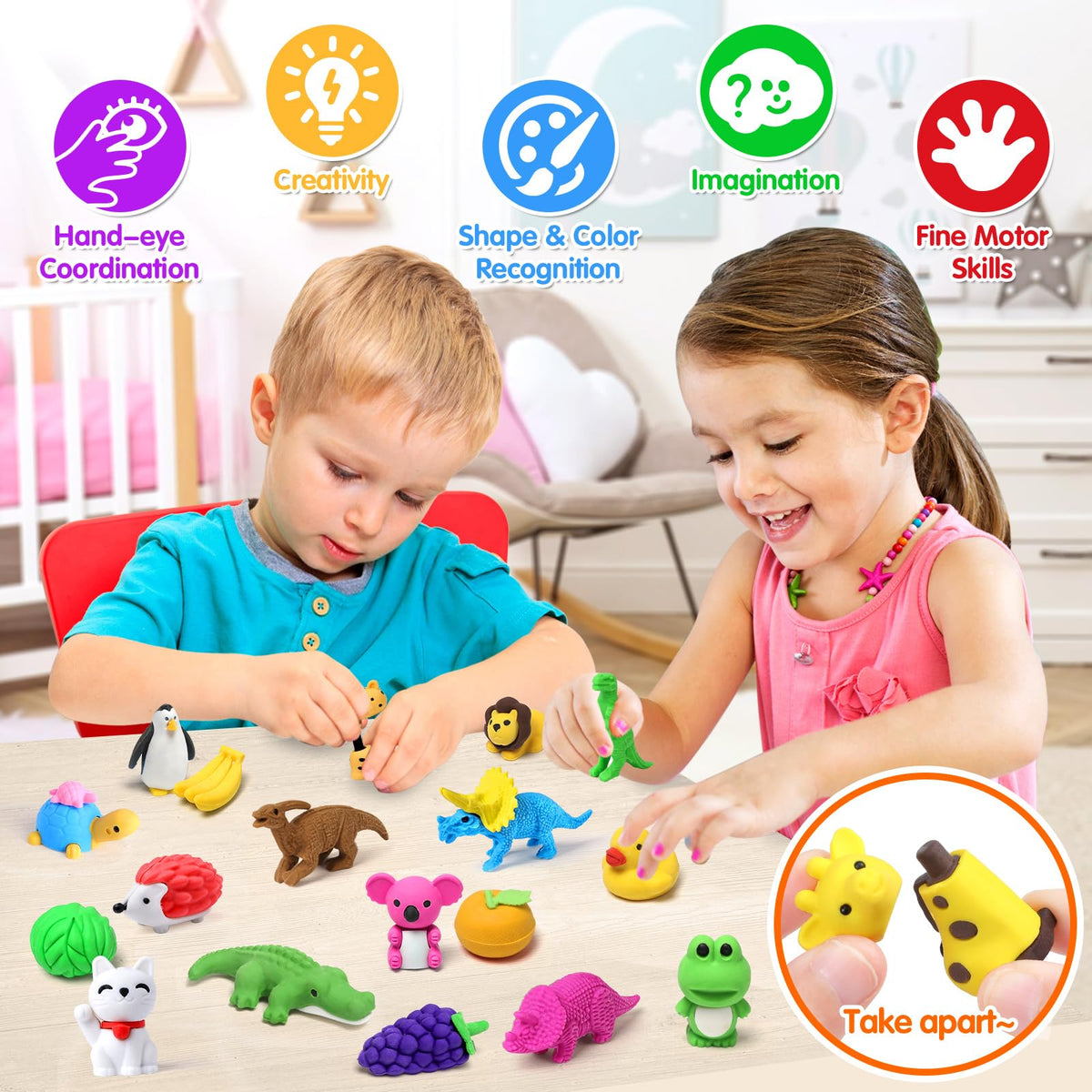 Arscniek 40-Pack 3D Puzzle Erasers for Kids – Take-Apart Animal & Food Erasers