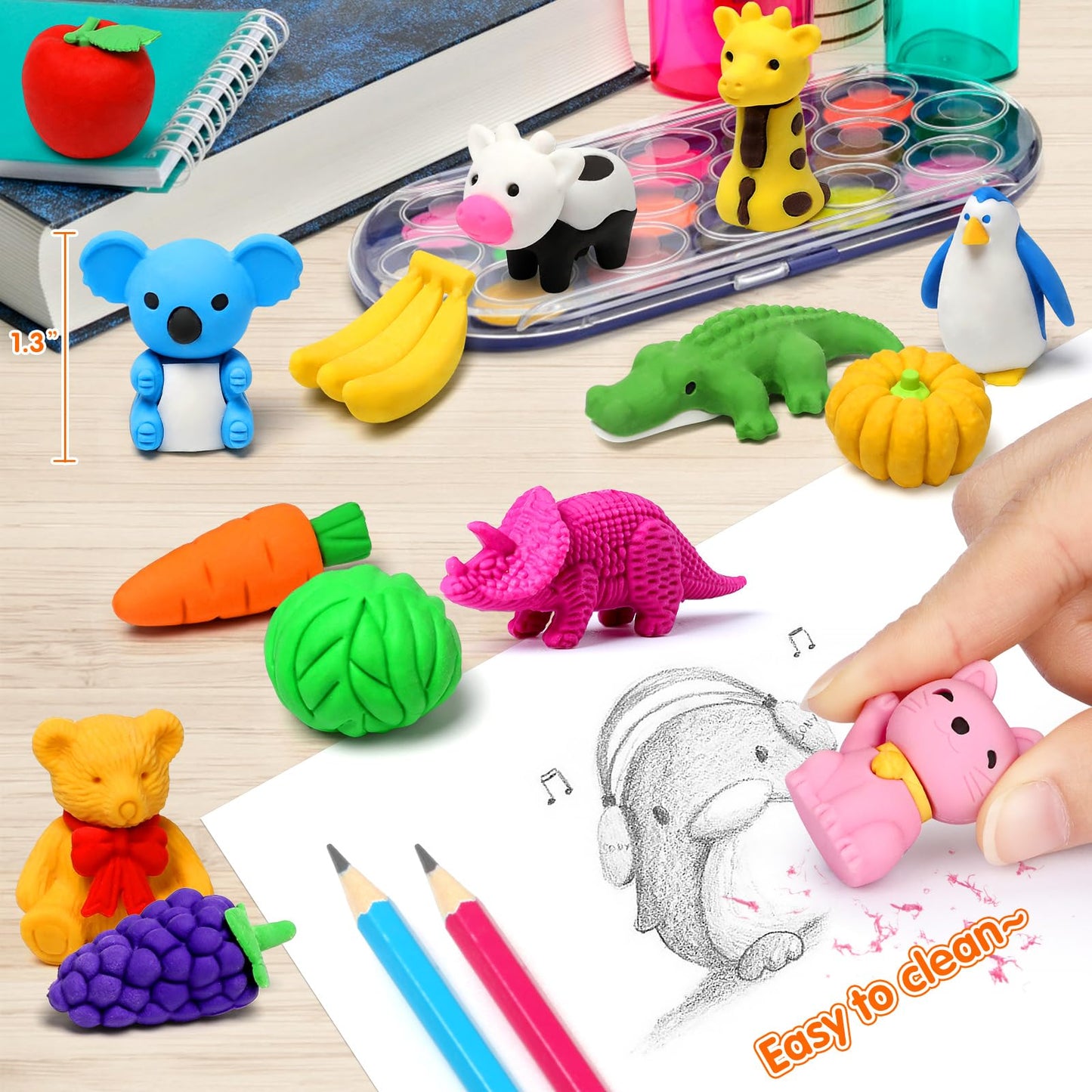 Arscniek 40-Pack 3D Puzzle Erasers for Kids – Take-Apart Animal & Food Erasers