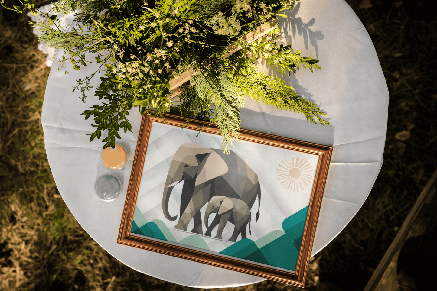Elephant Duo Wall Art - Neutral Geometric Wildlife Illustration - Eco-Friendly Poster