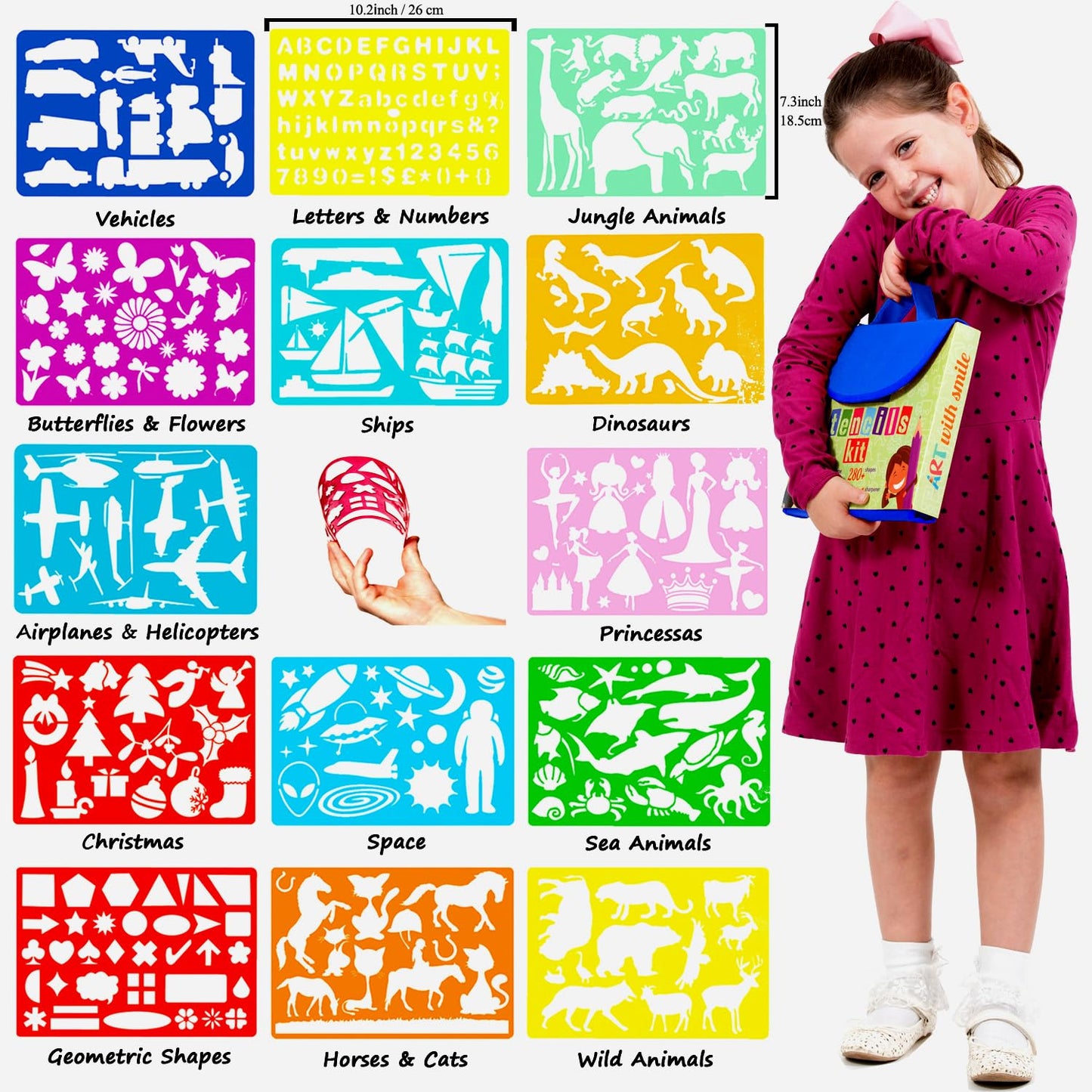 Art with smile Drawing Stencils Set for Kids (55-Piece) – 300+ Shapes Creativity Kit & Travel Art Activity