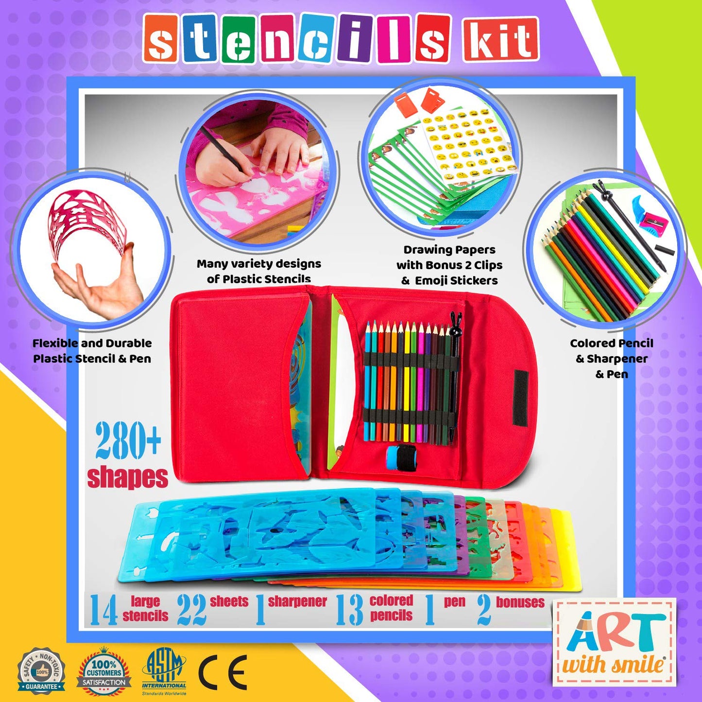Art with Smile Drawing Stencils Kit & Carry Case – 55-Piece Kids Art Set with 300 Shapes