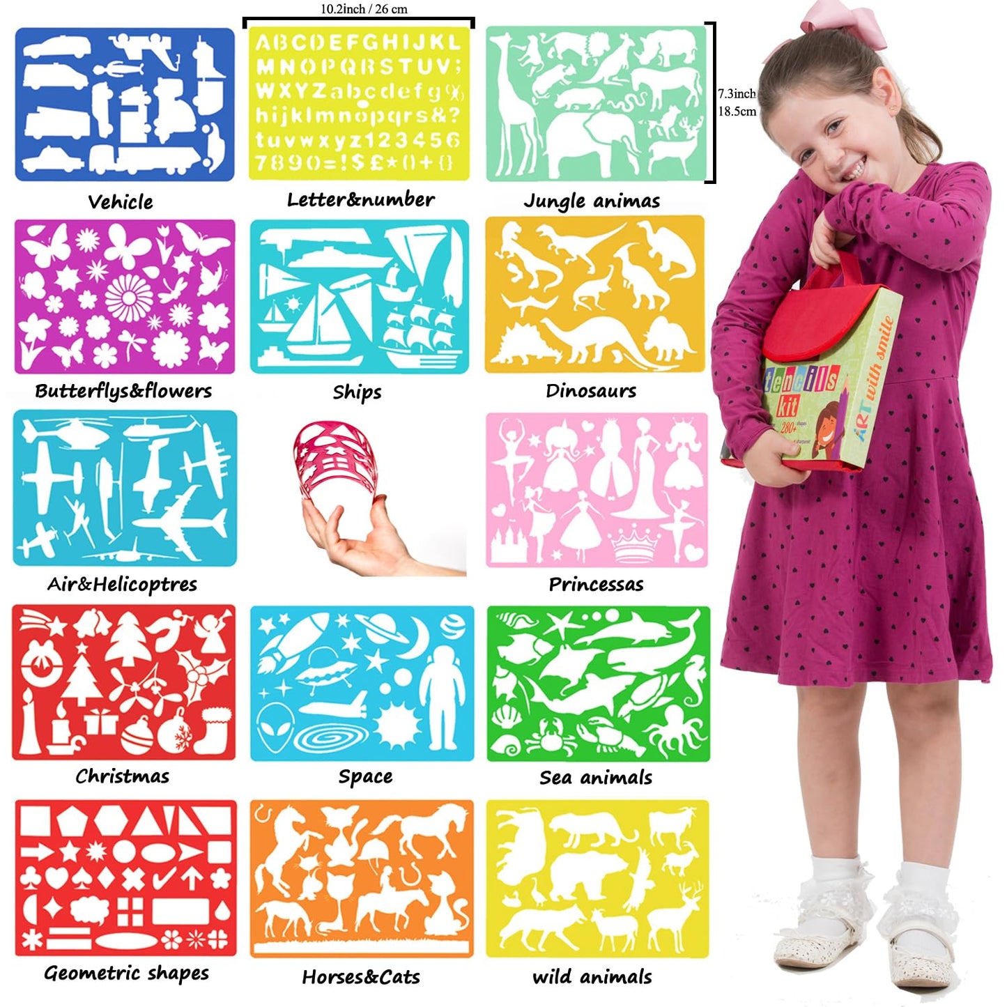 Art with Smile Drawing Stencils Kit & Carry Case – 55-Piece Kids Art Set with 300 Shapes