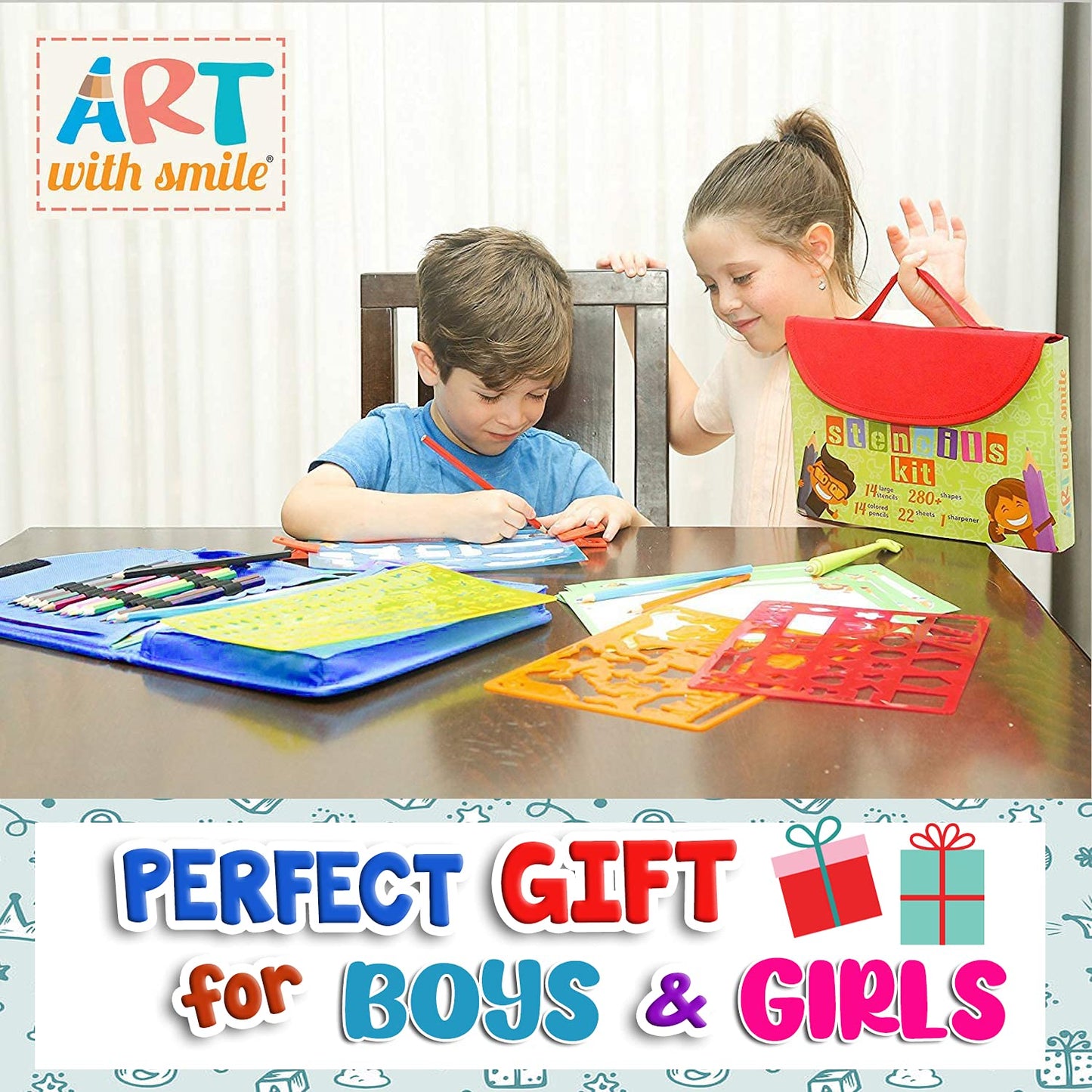 Art with Smile Drawing Stencils Kit & Carry Case – 55-Piece Kids Art Set with 300 Shapes