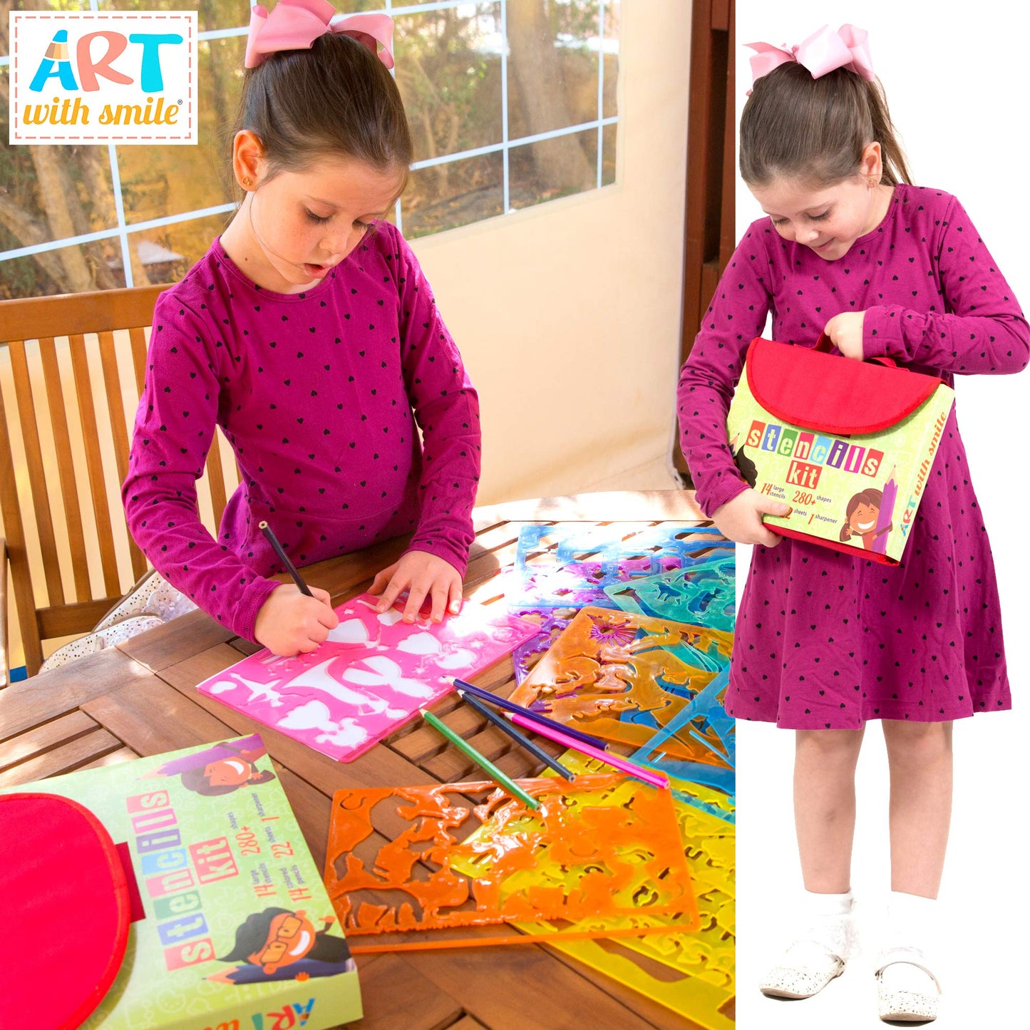 Art with Smile Drawing Stencils Kit & Carry Case – 55-Piece Kids Art Set with 300 Shapes