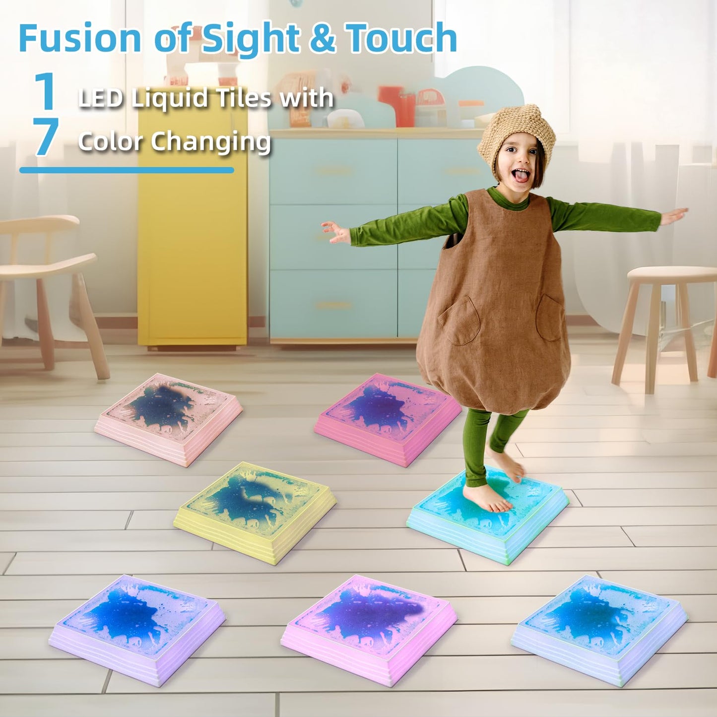 Art3d 12x12 Inch Sensory Interactive Blue Liquid Motion Tiles – 7 Color Changing, Touch-Sensitive Flooring Tile (1-Pack)