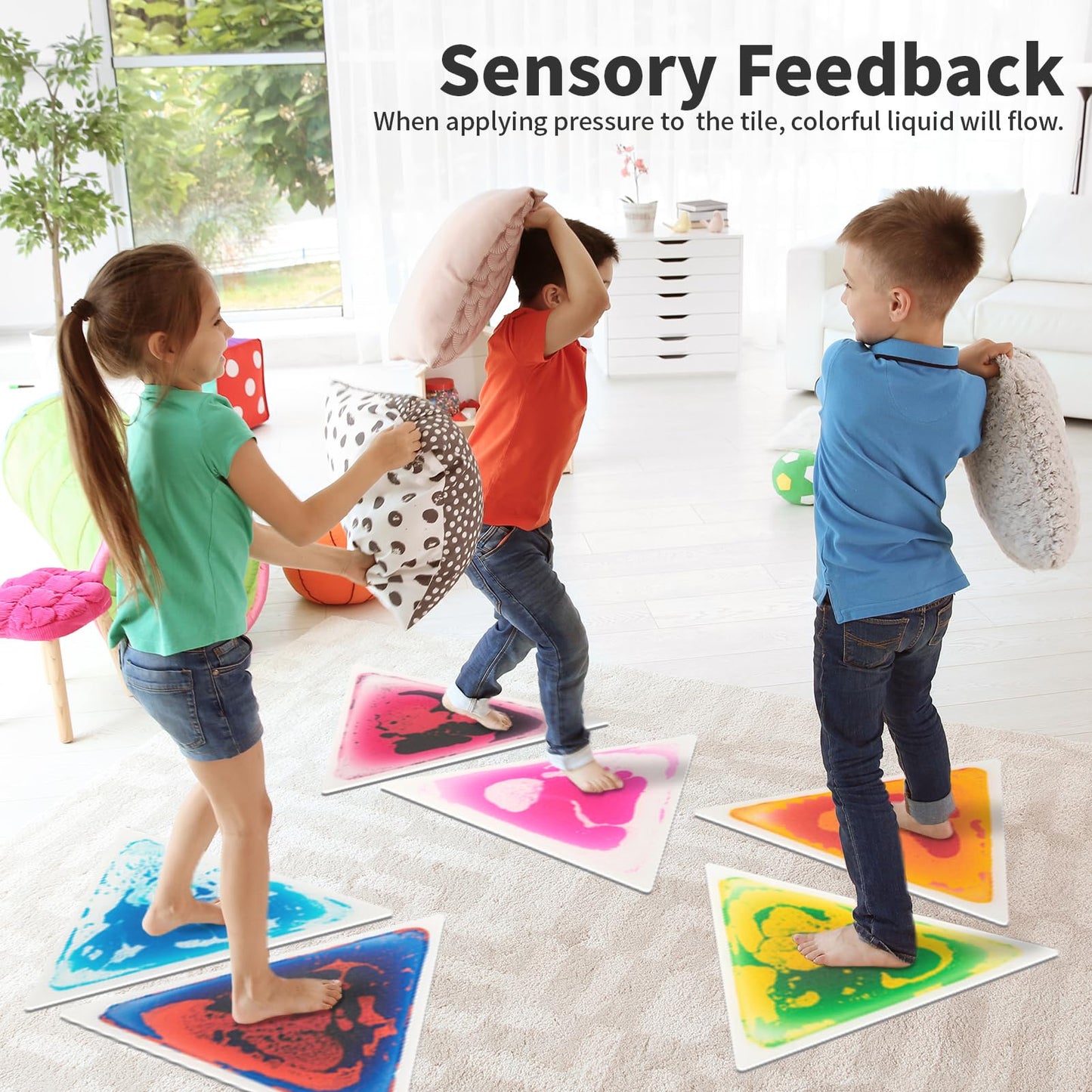 Art3d 6-Pack Triangle Liquid Sensory Floor Tiles – 15" x 15" Colorful Fusion Play Mats for Kids