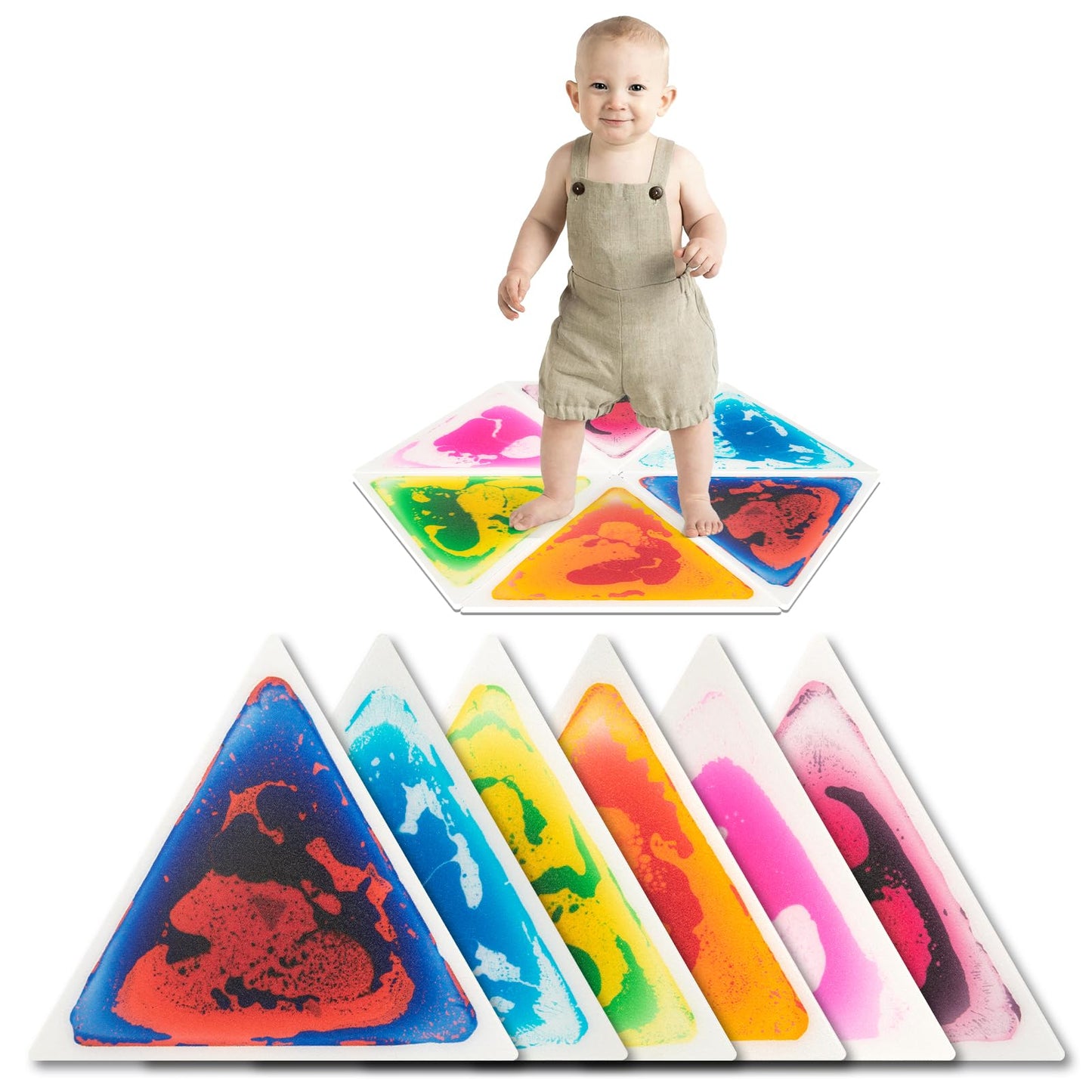 Art3d 6-Pack Triangle Liquid Sensory Floor Tiles – 15" x 15" Colorful Fusion Play Mats for Kids