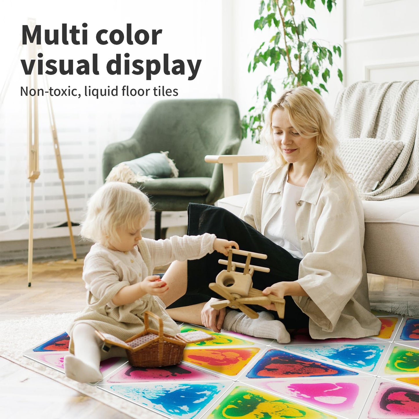 Art3d 6-Pack Triangle Liquid Sensory Floor Tiles – 15" x 15" Colorful Fusion Play Mats for Kids