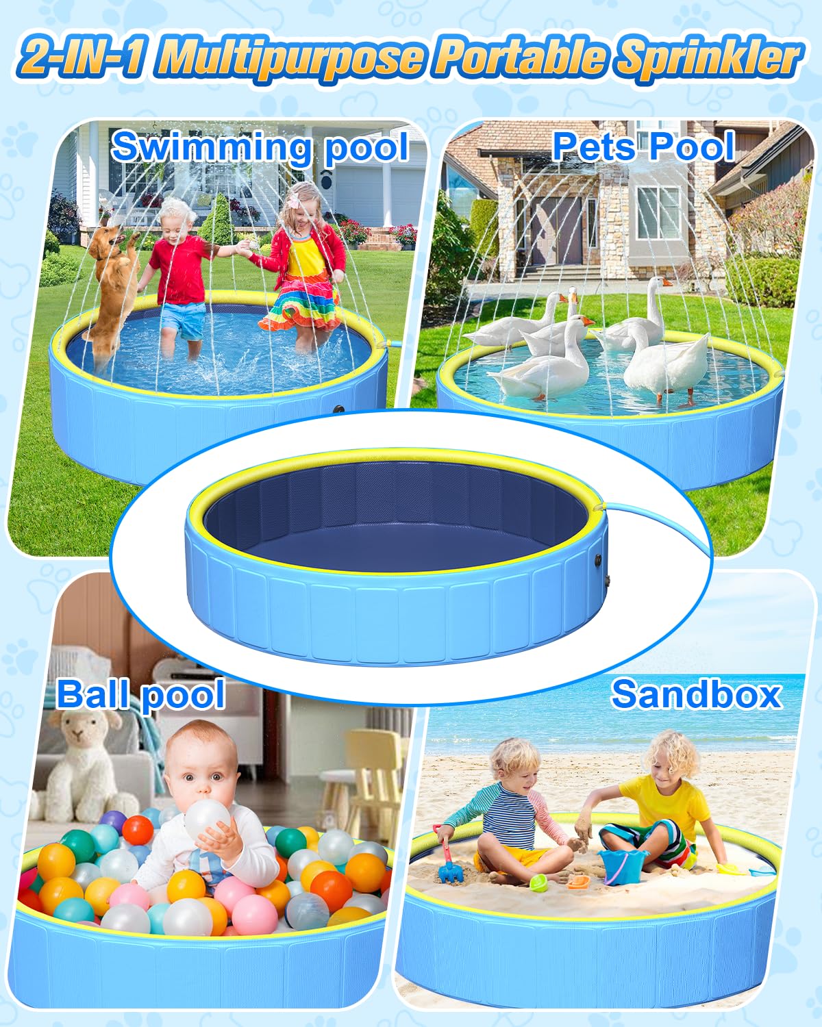 Artcool 63-Inch Thickened Large Dog Pool | 2-in-1 Foldable Non-Slip Outdoor Pool for Kids and Pets