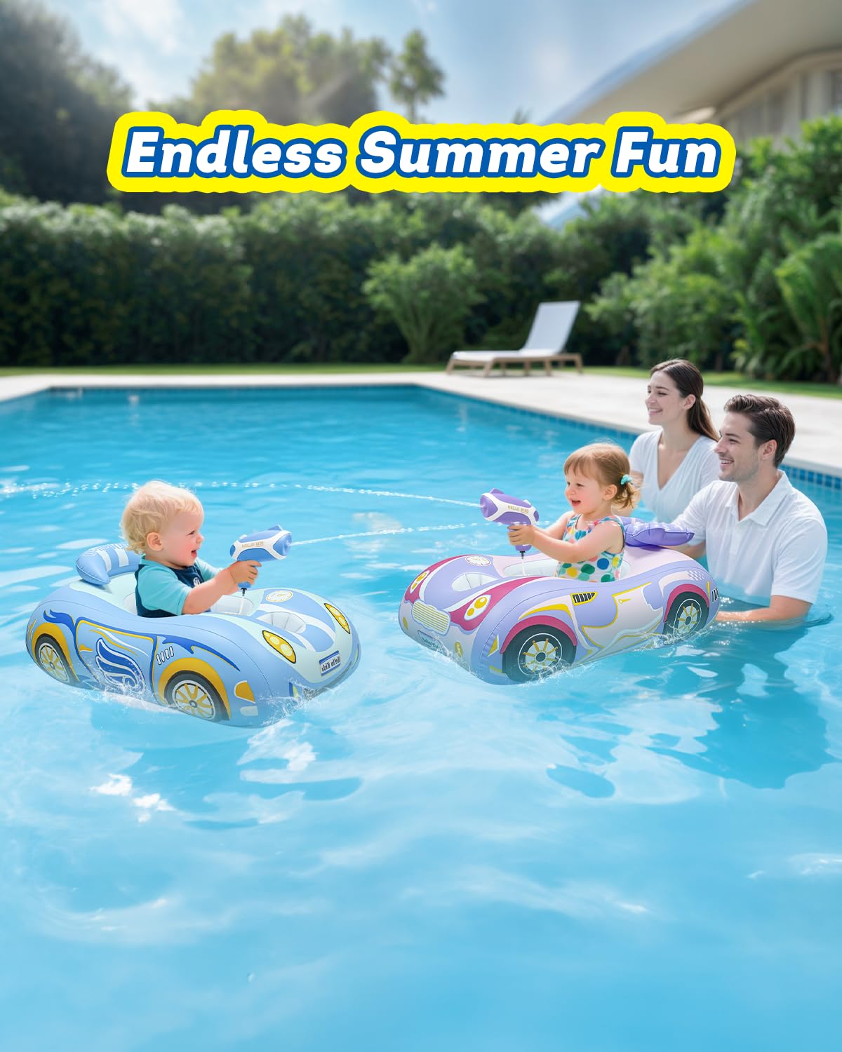 artcool 2 Pack Automatic Water Gun Toddler Pool Float – Racing Themed Inflatable Car Swim Float (Blue & Purple)