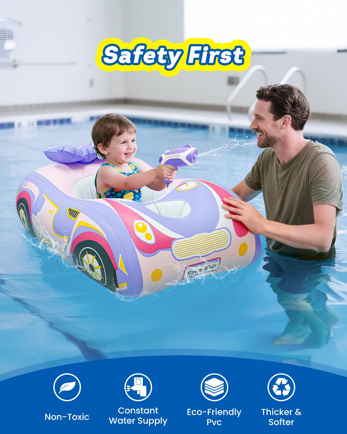 artcool 2 Pack Automatic Water Gun Toddler Pool Float – Racing Themed Inflatable Car Swim Float (Blue & Purple)