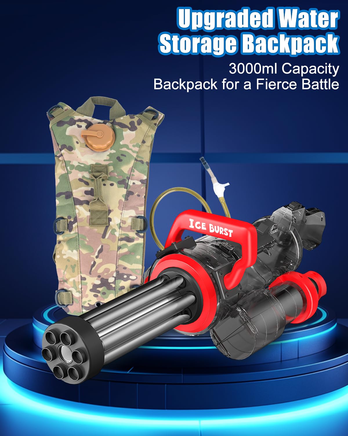 Artcool Gatling Electric Water Gun for Adults & Kids – 36ft Range, 3000ml Backpack, LED Muzzle Flash