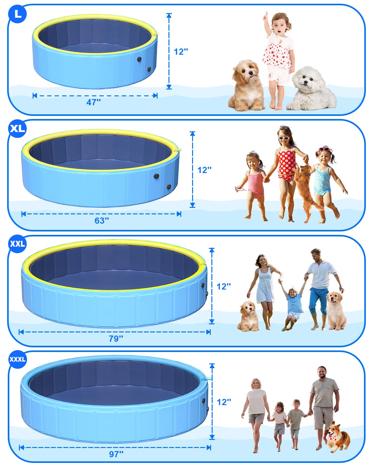 Artcool 63-Inch Thickened Large Dog Pool | 2-in-1 Foldable Non-Slip Outdoor Pool for Kids and Pets