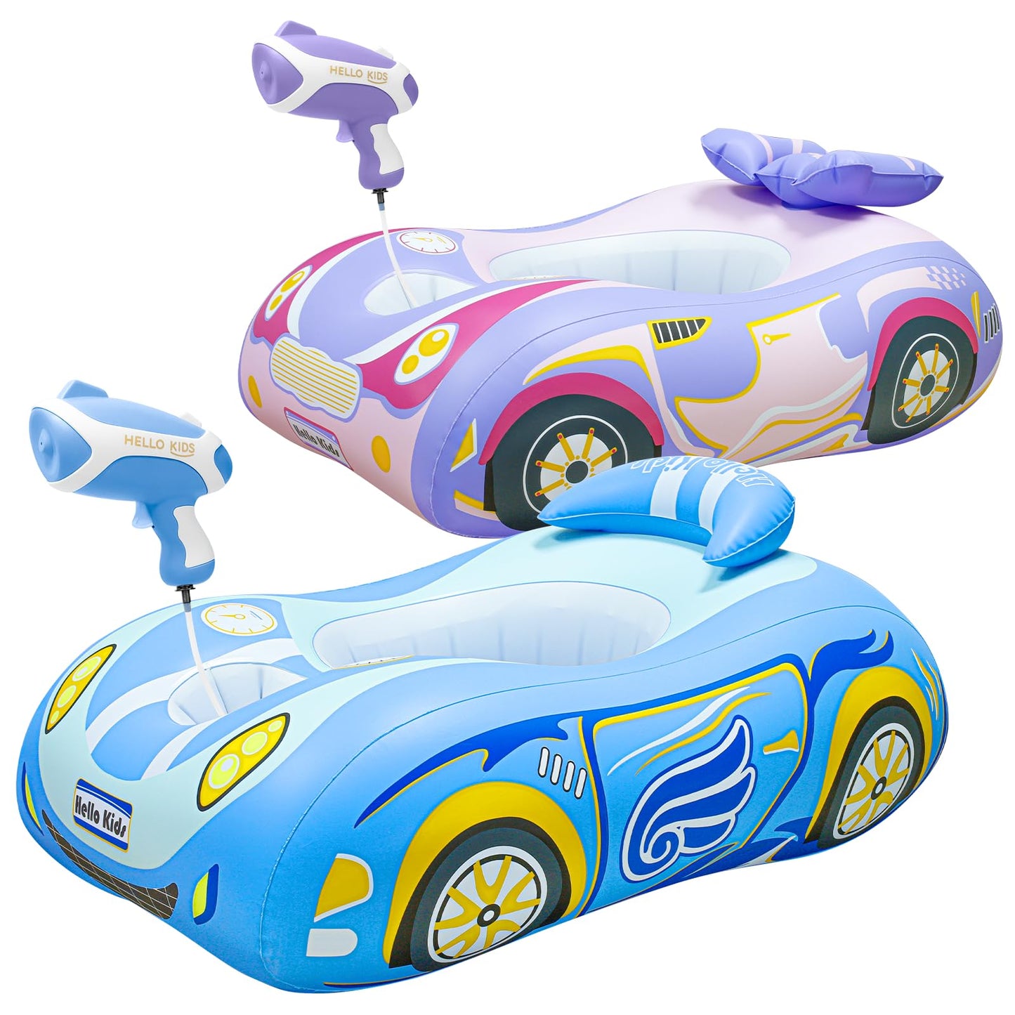artcool 2 Pack Automatic Water Gun Toddler Pool Float – Racing Themed Inflatable Car Swim Float (Blue & Purple)