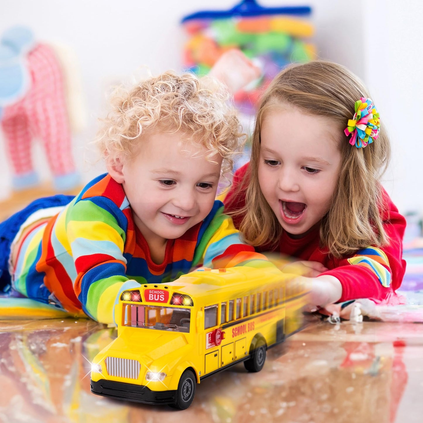 ArtCreativity Yellow School Bus Toy – Flashing Lights, Sound, Friction Powered