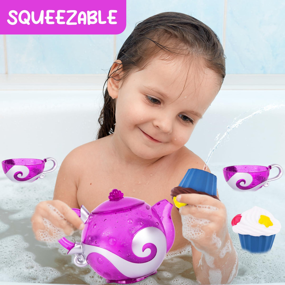 ArtCreativity Bath Tea Set – Teapot, Cups & Water-Spraying Cupcakes for Toddlers