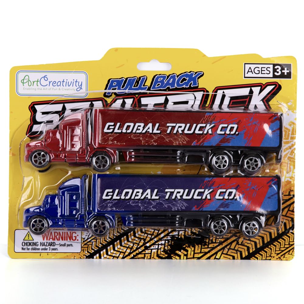 ArtCreativity Semi Truck Toys for Boys – Set of 2 Pull-Back Red & Blue Trailer Trucks