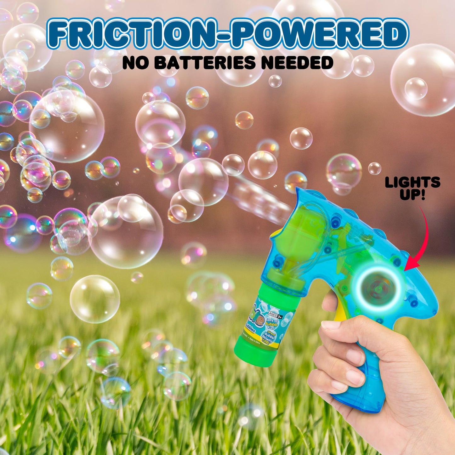 ArtCreativity Friction-Powered Light Up Bubble Blaster Gun Set of 3 – LED Bubble Guns with 6 Bottles