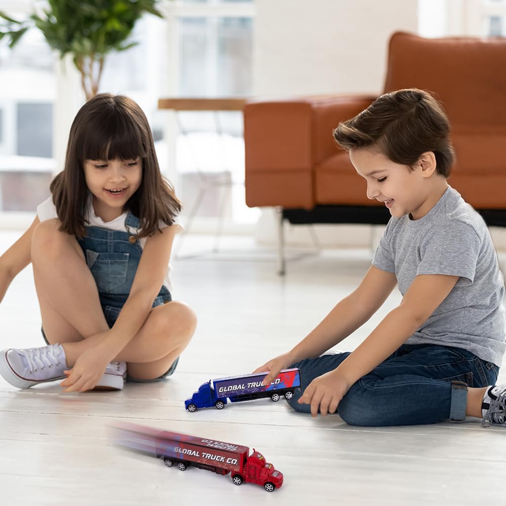 ArtCreativity Semi Truck Toys for Boys – Set of 2 Pull-Back Red & Blue Trailer Trucks