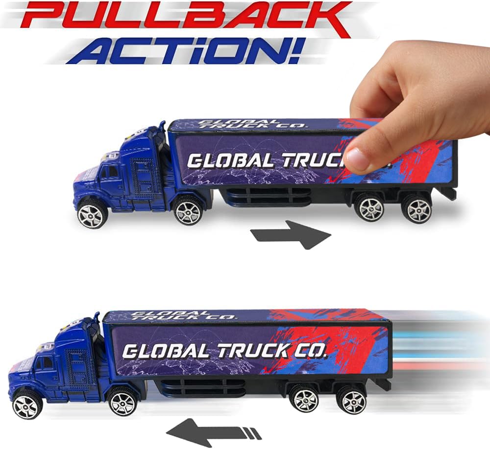 ArtCreativity Semi Truck Toys for Boys – Set of 2 Pull-Back Red & Blue Trailer Trucks