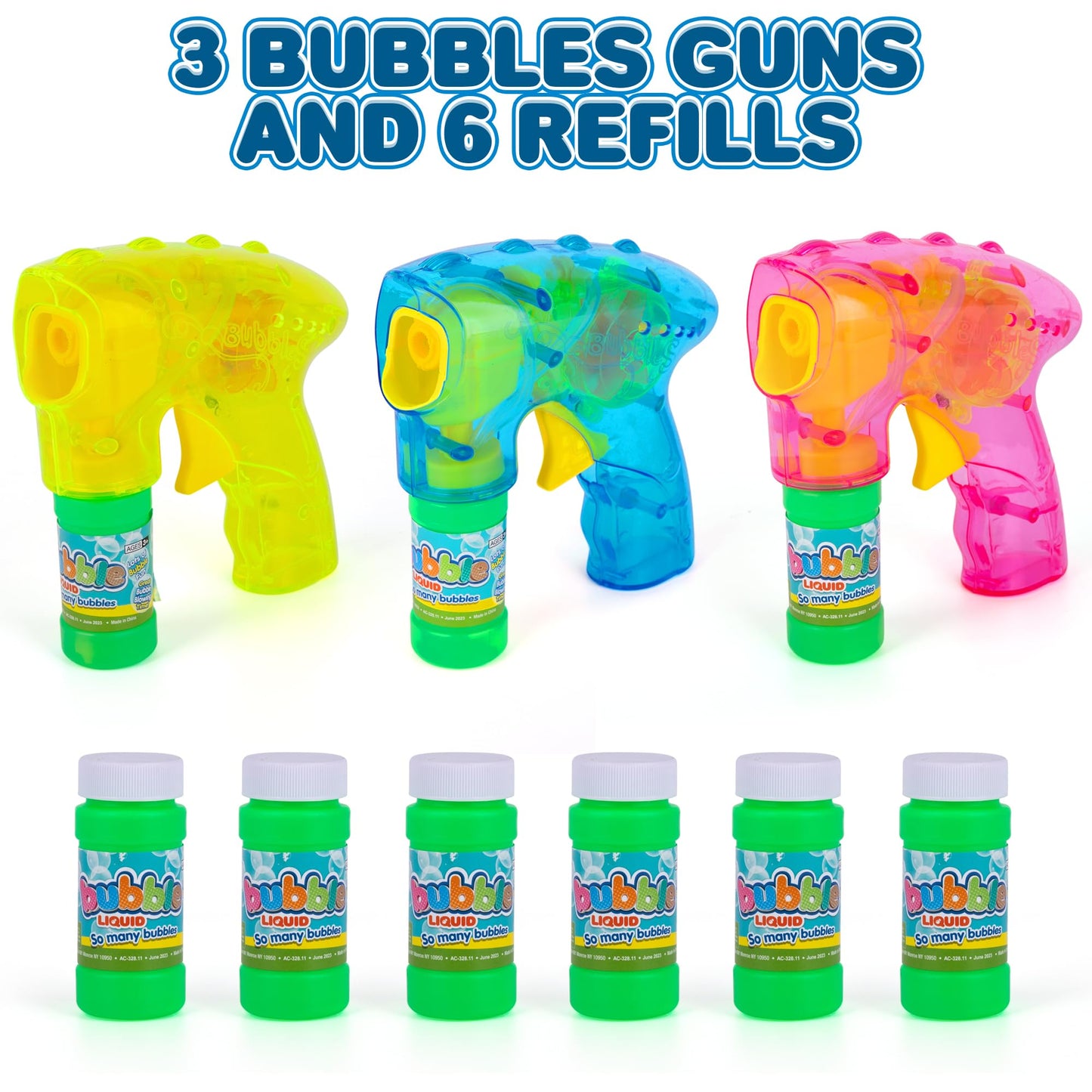 ArtCreativity Friction-Powered Light Up Bubble Blaster Gun Set of 3 – LED Bubble Guns with 6 Bottles