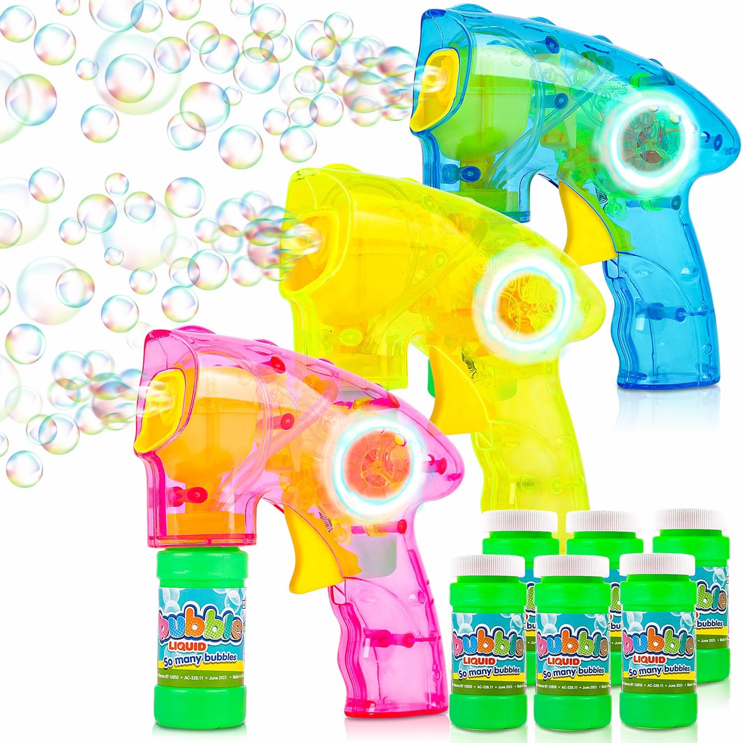 ArtCreativity Friction-Powered Light Up Bubble Blaster Gun Set of 3 – LED Bubble Guns with 6 Bottles