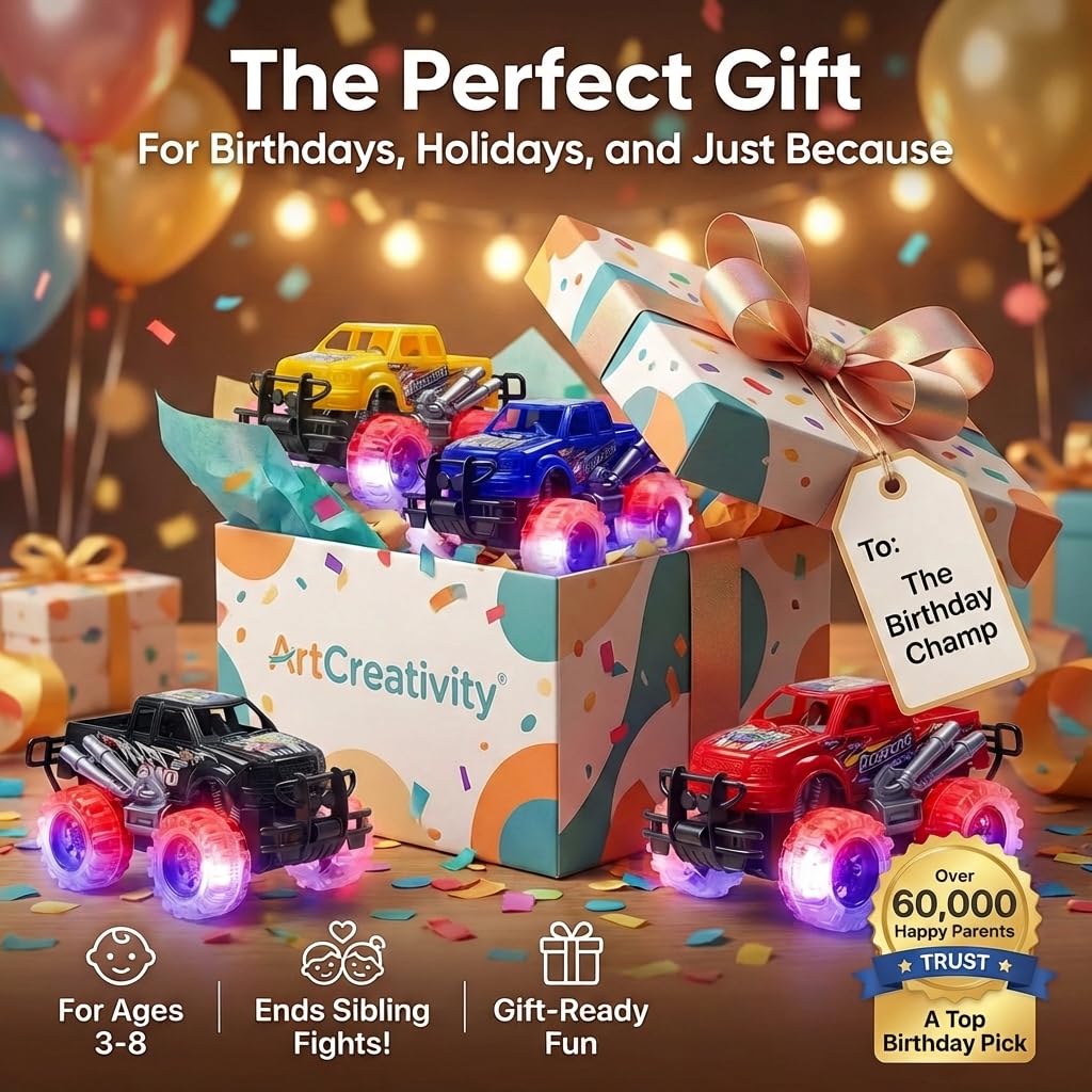 ArtCreativity Light Up Monster Trucks - 4-Pack Toy Trucks for Kids 3-8
