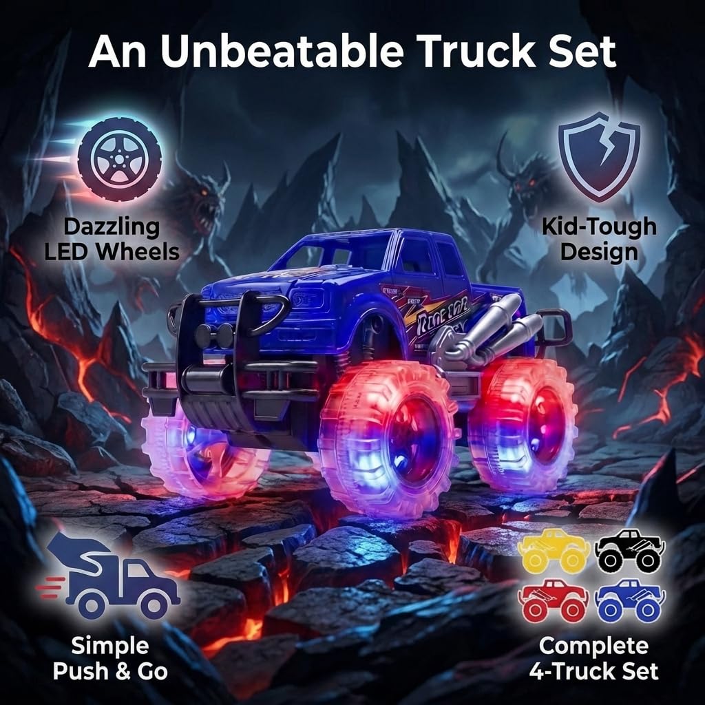 ArtCreativity Light Up Monster Trucks - 4-Pack Toy Trucks for Kids 3-8