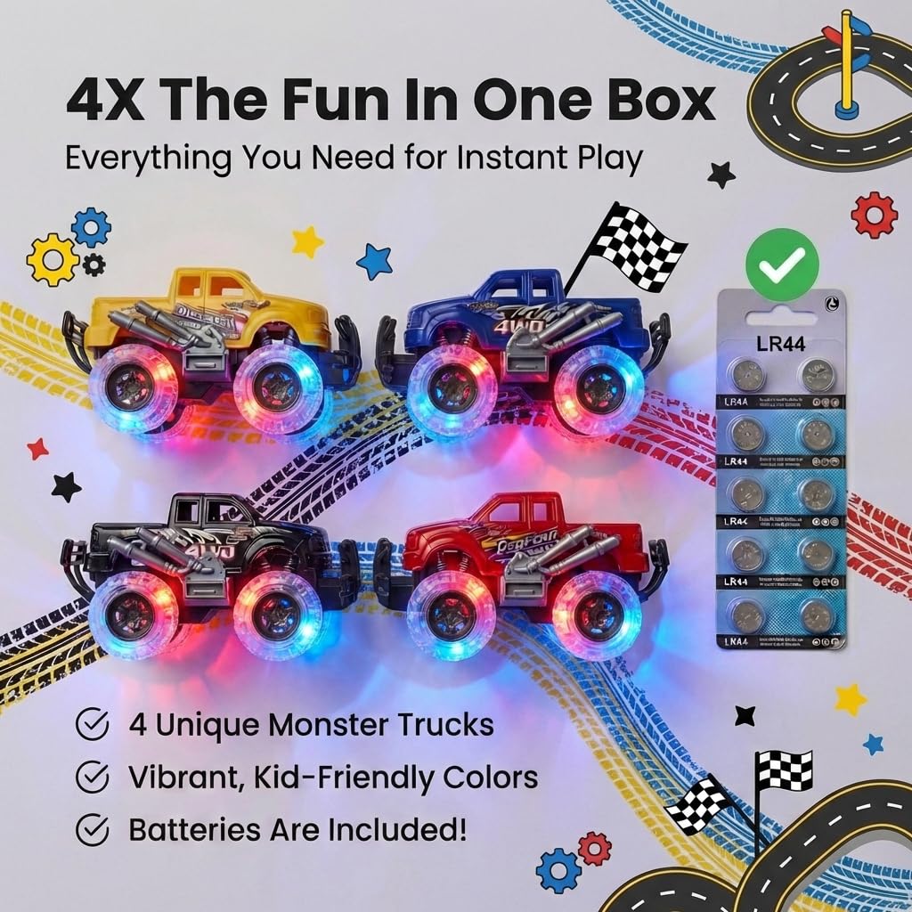 ArtCreativity Light Up Monster Trucks - 4-Pack Toy Trucks for Kids 3-8
