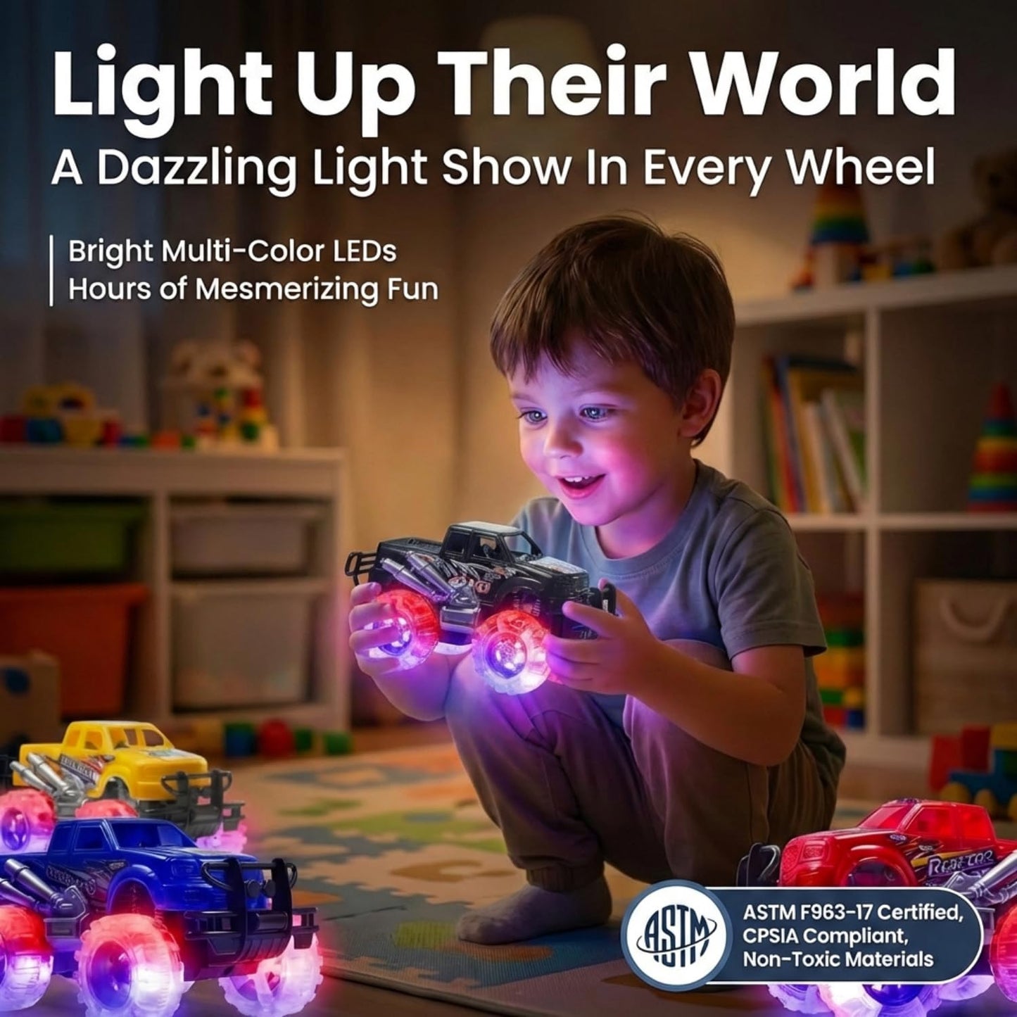 ArtCreativity Light Up Monster Trucks - 4-Pack Toy Trucks for Kids 3-8