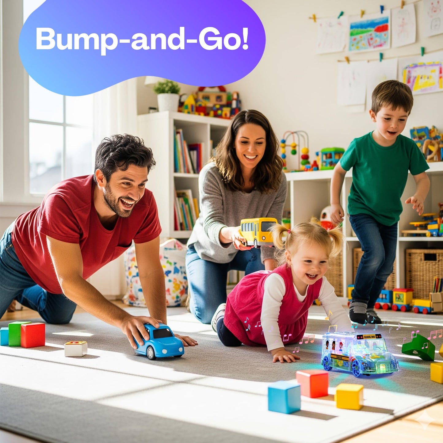 ArtCreativity Light Up School Bus Toy for Toddlers — Bump & Go, Colorful Spinning Gears, LED Lights & Music