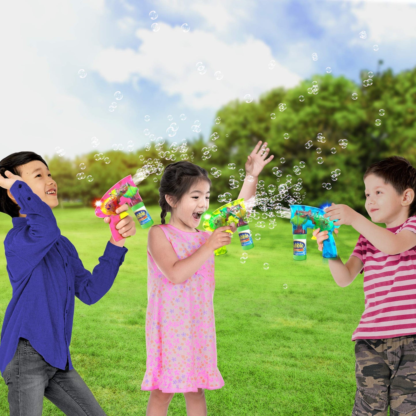 ArtCreativity Friction-Powered Light Up Bubble Blaster Gun Set of 3 – LED Bubble Guns with 6 Bottles