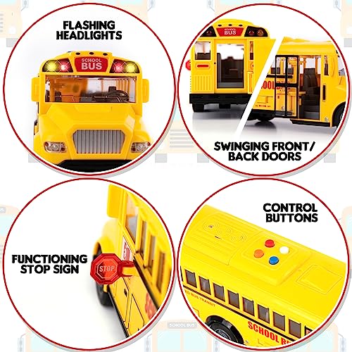 ArtCreativity Yellow School Bus Toy – Flashing Lights, Sound, Friction Powered