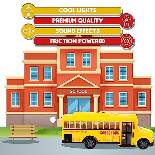 ArtCreativity Yellow School Bus Toy – Flashing Lights, Sound, Friction Powered