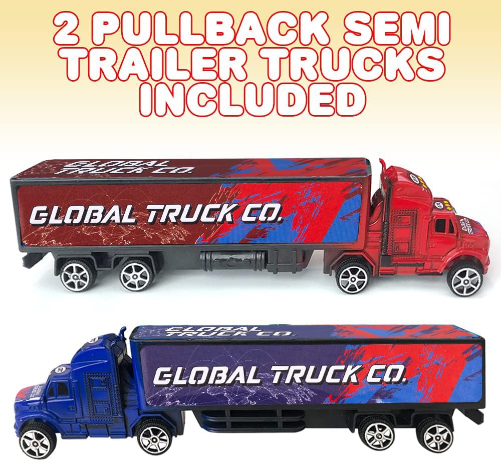 ArtCreativity Semi Truck Toys for Boys – Set of 2 Pull-Back Red & Blue Trailer Trucks