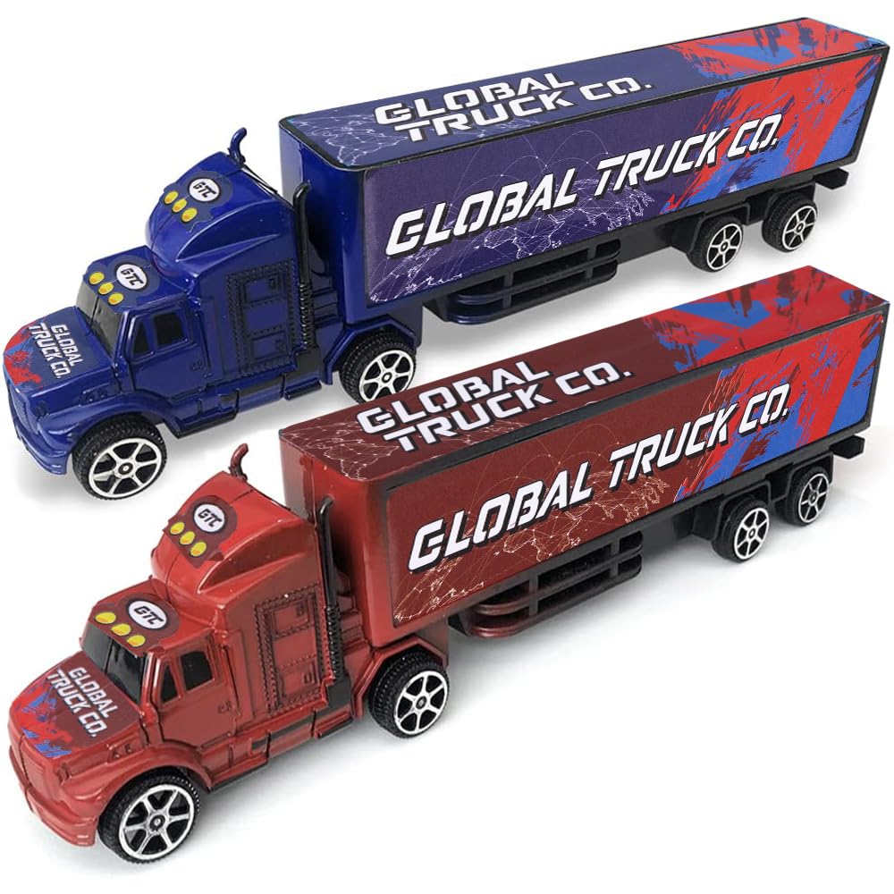 ArtCreativity Semi Truck Toys for Boys – Set of 2 Pull-Back Red & Blue Trailer Trucks