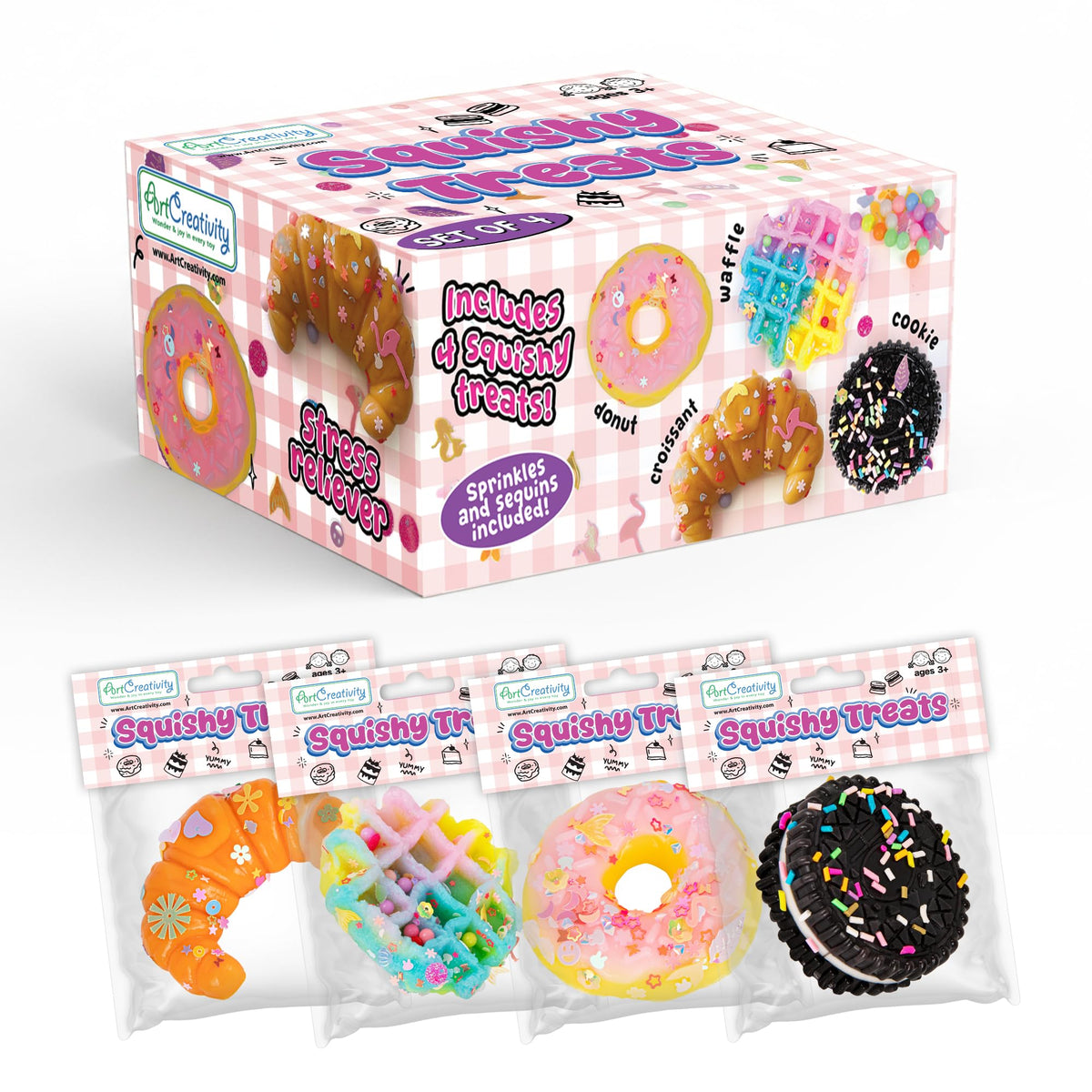 ArtCreativity Squishy Treats Fidget Toys – 4 Pack Soft Dessert Squeezies for Stress Relief & Focus