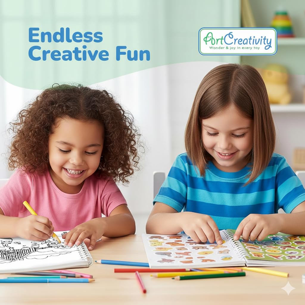 ArtCreativity Sticker Activity Book for Girls 4–8 – 600+ Stickers, 12 Scenes & Coloring Pages – Screen-Free Travel Activity