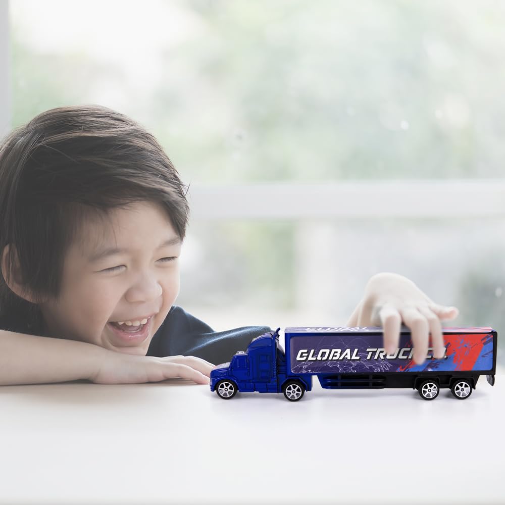 ArtCreativity Semi Truck Toys for Boys – Set of 2 Pull-Back Red & Blue Trailer Trucks