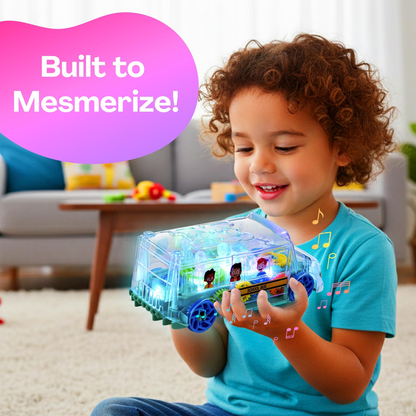 ArtCreativity Light Up School Bus Toy for Toddlers — Bump & Go, Colorful Spinning Gears, LED Lights & Music