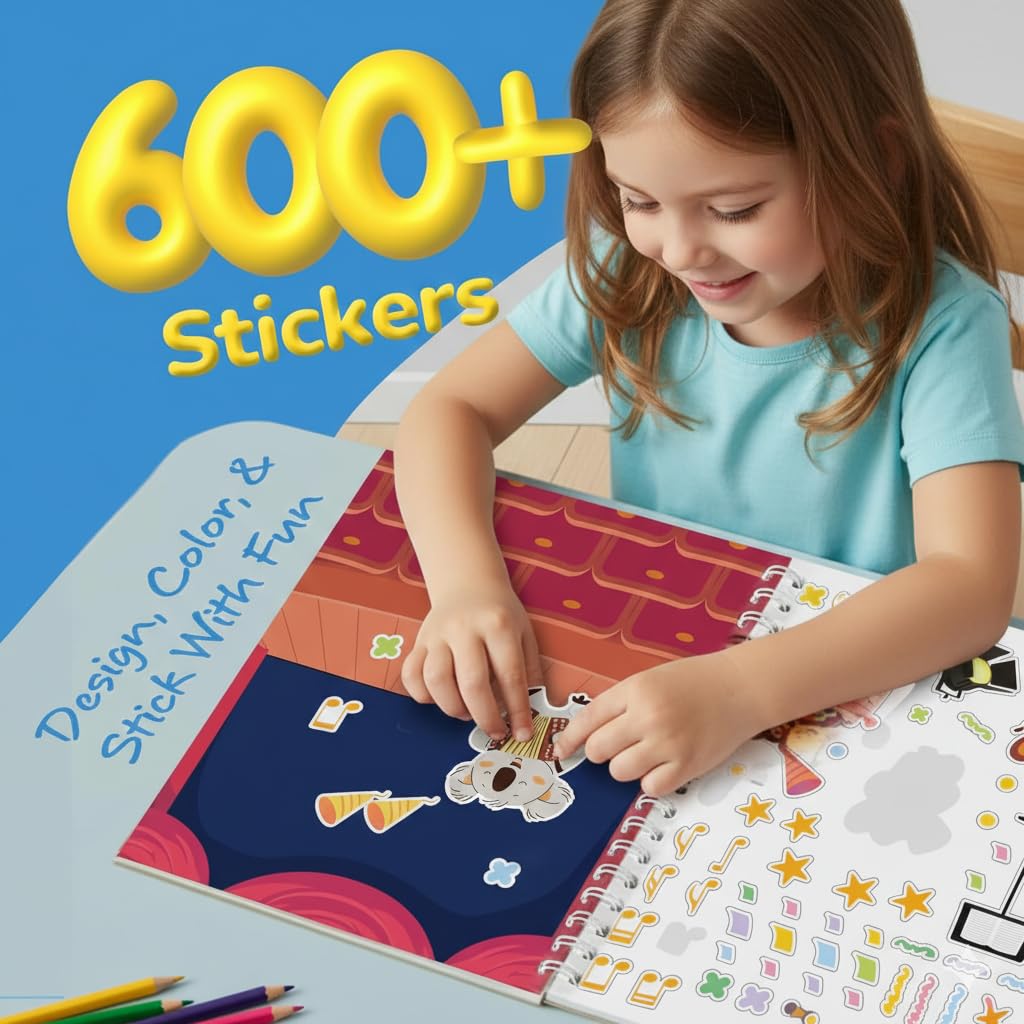 ArtCreativity Sticker Activity Book for Girls 4–8 – 600+ Stickers, 12 Scenes & Coloring Pages – Screen-Free Travel Activity