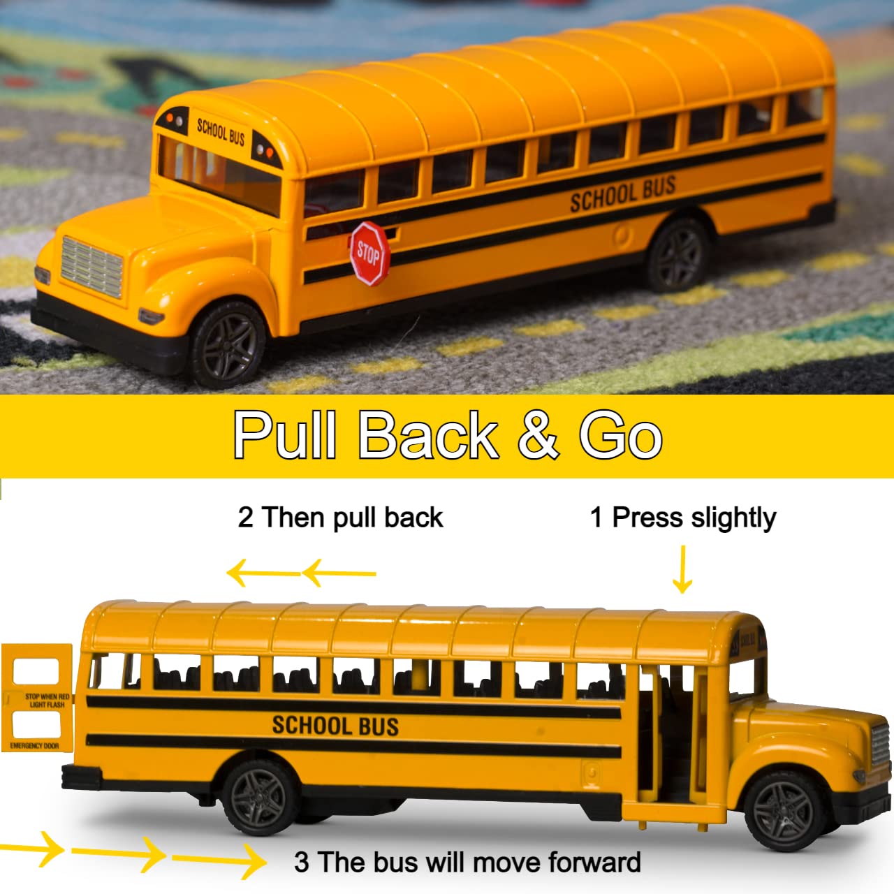 ArtCreativity Yellow School Bus Toy — 8.5-Inch Diecast Pull-Back with Opening Doors