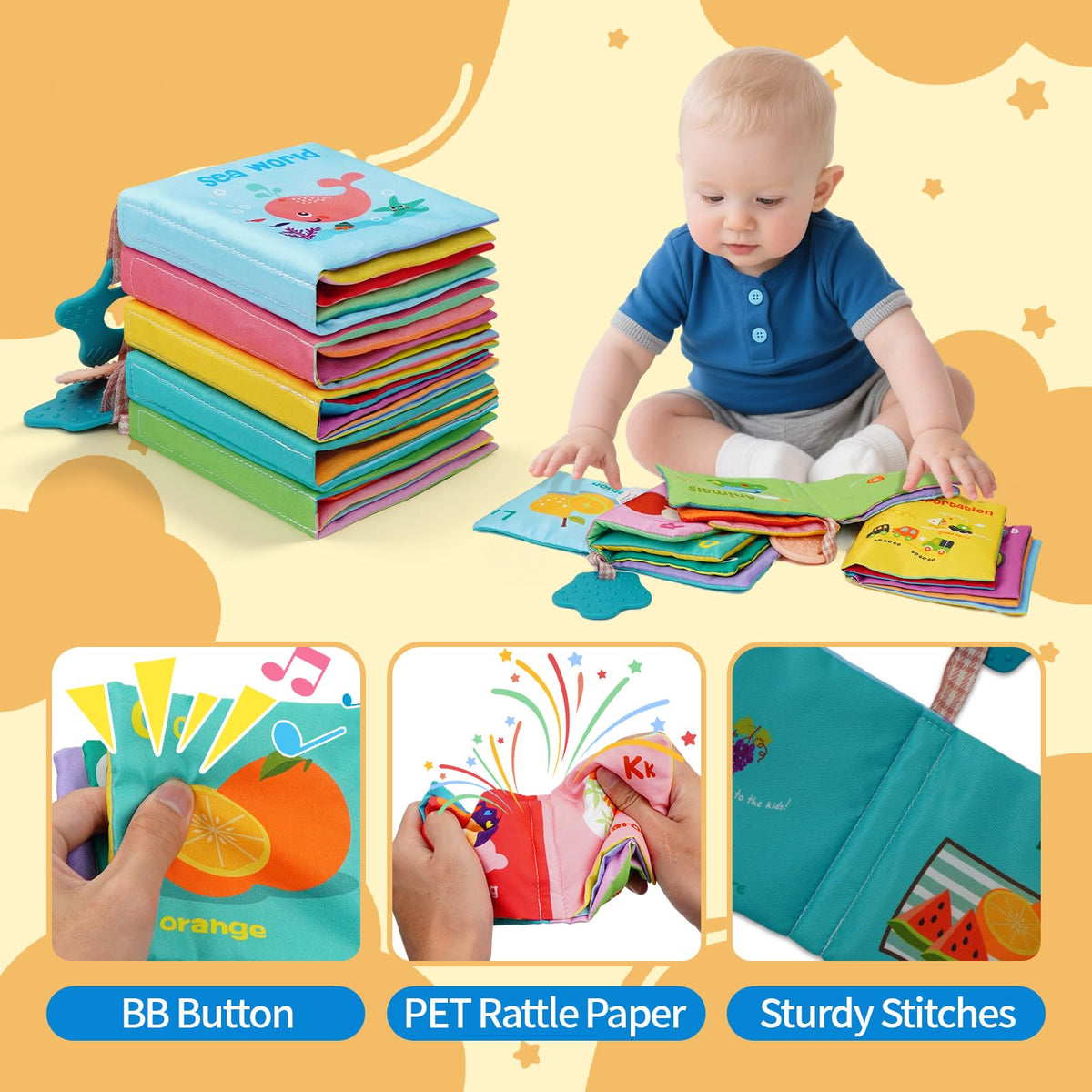 ArtCredit 5-Pack Soft Cloth Crinkle Books for Babies 0-3 | Washable Non-Toxic Sensory Bath & Learning Toys