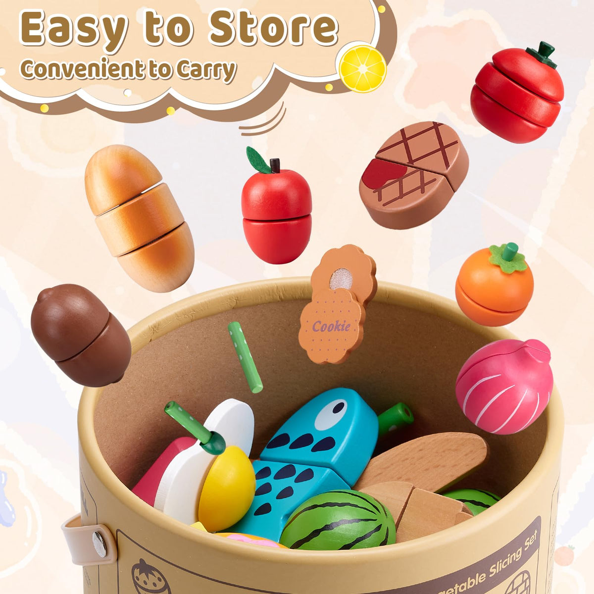 Arthopt 45-Piece Wooden Play Food Set – Pretend Kitchen with Storage Bucket (Ages 3–6)