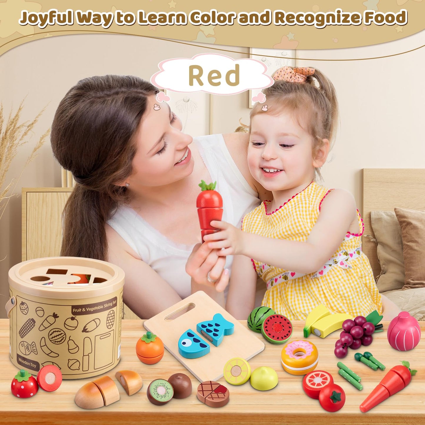 Arthopt 45-Piece Wooden Play Food Set – Pretend Kitchen with Storage Bucket (Ages 3–6)